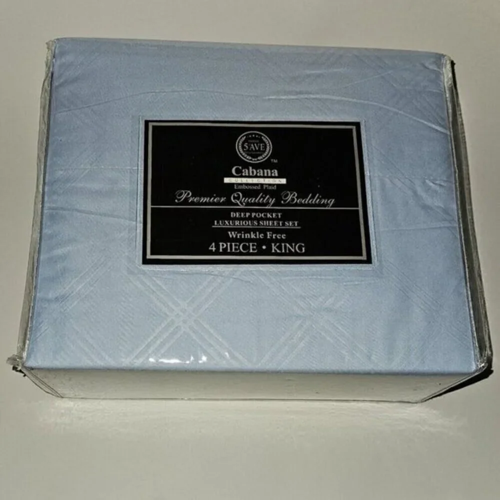 NEW Hotel 5th Ave Cabana Embossed Plaid Blue King Sheet Set Flat Fitted PCx2